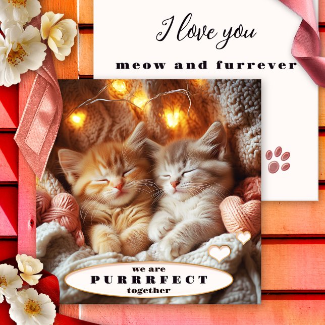 Tarjeta Festiva Gatitos Adorables Feliz Día de San Valentín Tarjet (Sweet romantic Valentine's Day card featuring an illustration of two adorable kittens cozy together)