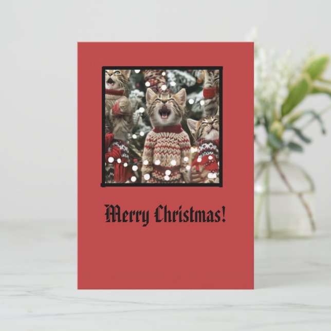 Tarjeta Festiva Gatitos Cantando O'Navidades En Suéteres 3 (Anverso de pie)