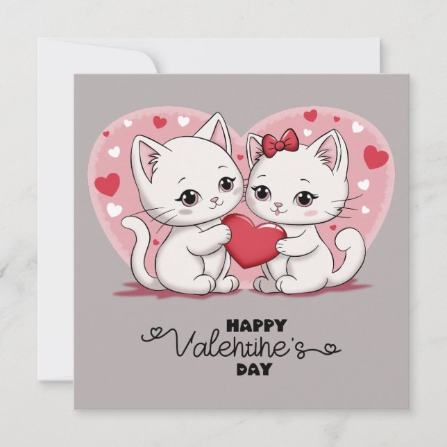 Tarjeta Festiva Gatitos de Dibujos Animados Adorables Corazones de (Anverso)