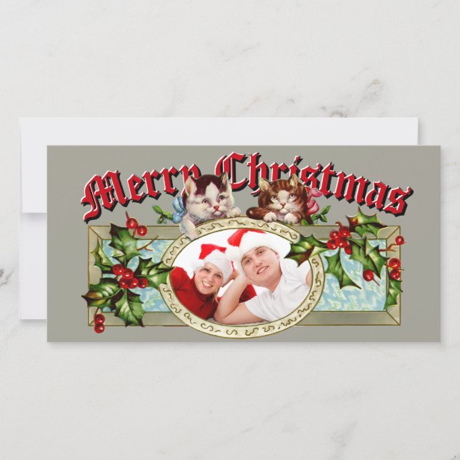 Tarjeta Festiva Gatitos de época y Navidades Holly Berries Foto (Anverso)