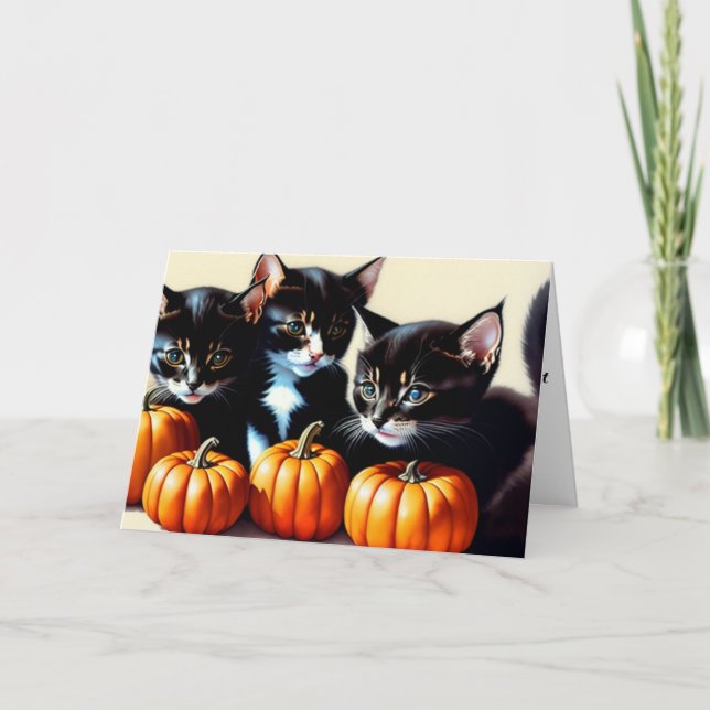 Tarjeta Festiva Gatitos otoñales con calabazas (Anverso)