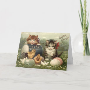 Tarjeta Festiva Gatitos retros Pascua de los gatos del arte del
