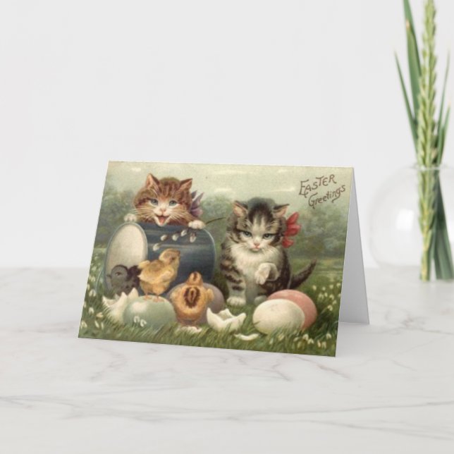 Tarjeta Festiva Gatitos retros Pascua de los gatos del arte del (Anverso)