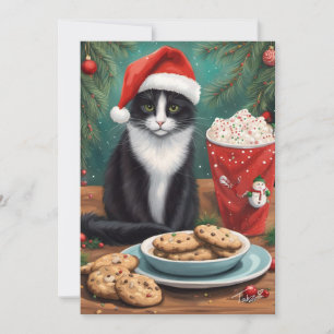 Tarjeta Festiva Gato adorable con galletas y sombrero de Santa