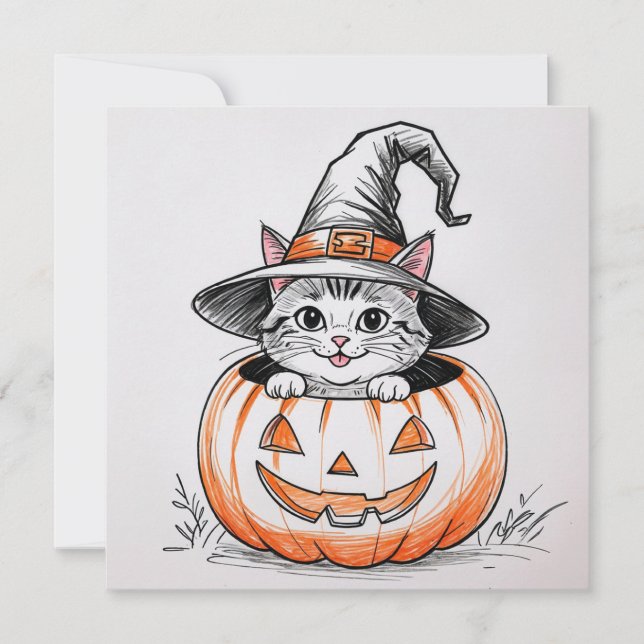 Tarjeta Festiva Gato adorable de bruja de Halloween y Jack O'Lante (Anverso)