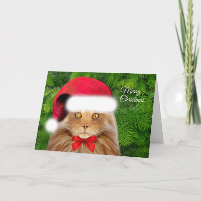 Tarjeta Festiva Gato amarillo en Sombrero de Santa Bow (Anverso)