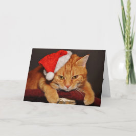 Tarjeta Festiva Gato atigrado naranja con sombrero de Santa