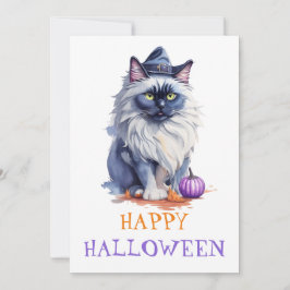 Tarjeta Festiva Gato birmano acuarela Feliz Halloween con sombrero