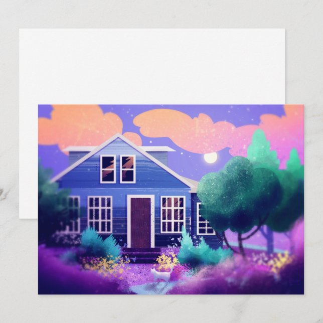 Tarjeta Festiva Gato blanco en el jardín nocturno (Anverso / Reverso)