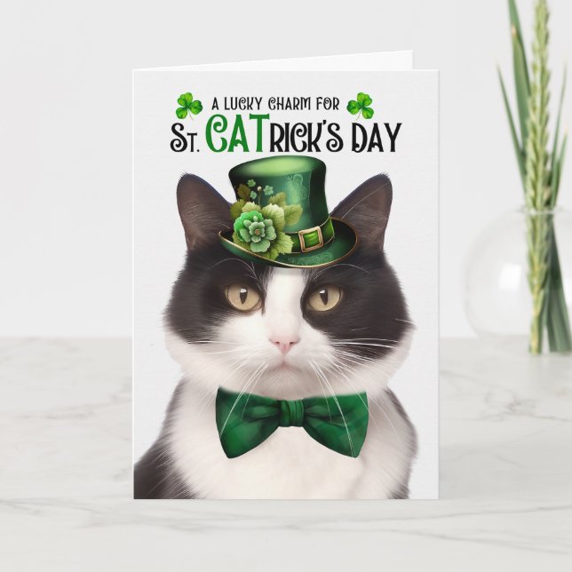 Tarjeta Festiva Gato blanco negro St. CATrick's Day Lucky Charm (Anverso)