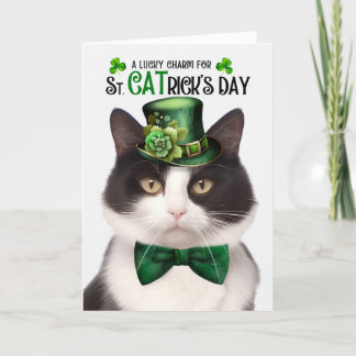 Tarjeta Festiva Gato blanco negro St. CATrick's Day Lucky Charm