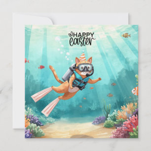 Tarjeta Festiva Gato buzo con cesta de huevos bajo el mar