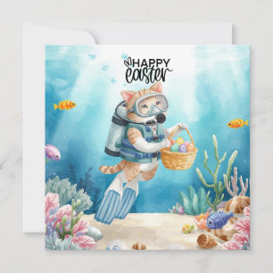 Tarjeta Festiva Gato buzo con cesta de huevos bajo el mar