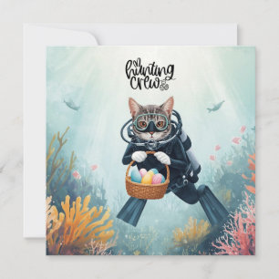 Tarjeta Festiva Gato buzo de Pascua con cesta de huevos bajo el ma