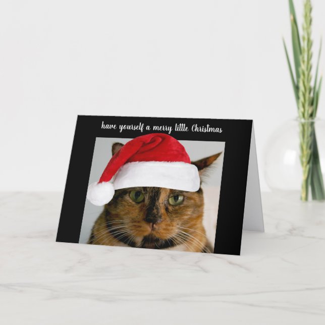 Tarjeta Festiva Gato calico lindo con gorro de Santa, personalizad (Anverso)