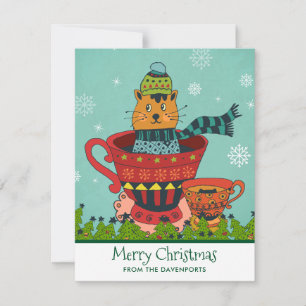 Tarjeta Festiva Gato caprichoso sentado en una taza de té Navidade