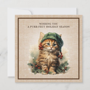 Tarjeta Festiva Gato Caprichoso Sombrero de Elfo Bayas de Acebo Ar