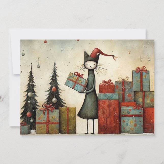 Tarjeta Festiva Gato caprichoso y caprichoso con regalos de Navida (Anverso)