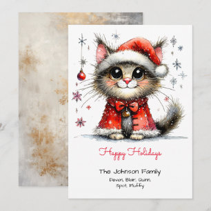 Tarjeta Festiva Gato chiflado y caprichoso en Santa Hat Happy