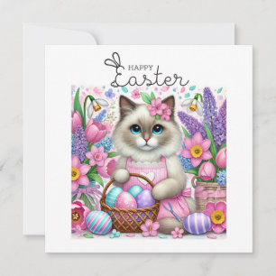 Tarjeta Festiva Gato con canasta de Pascua para los amantes del ga