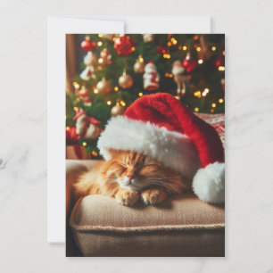 Tarjeta Festiva Gato con sombrero de Santa Claus durmiendo en sill