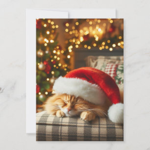 Tarjeta Festiva Gato con sombrero de Santa Claus durmiendo en sill