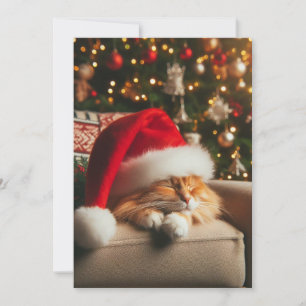 Tarjeta Festiva Gato con sombrero de Santa Claus durmiendo en una