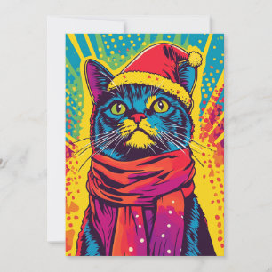 Tarjeta Festiva Gato con sombrero de Santa de Pop Art Mensaje pers