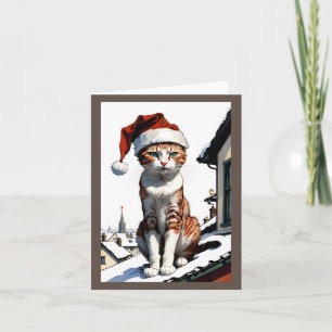 Tarjeta Festiva gato con sombrero de santa en el techo