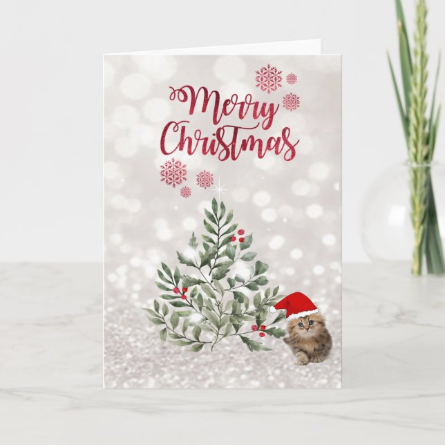 Tarjeta Festiva Gato Con Sombrero De Santa, Ramas Árboles, Bokeh P (Anverso)
