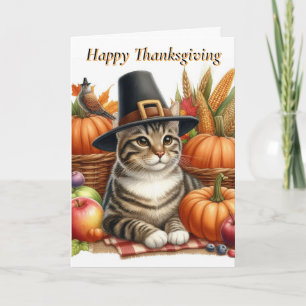 Tarjeta Festiva Gato de Acción de Gracias con calabazas festivas