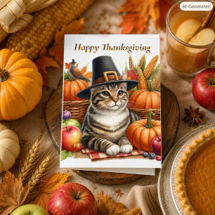 Tarjeta Festiva Gato de Acción de Gracias con Calabazas Fiesta Fam
