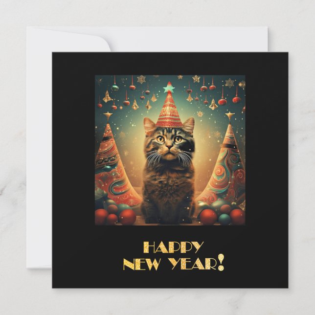 Tarjeta Festiva Gato de Año Nuevo Feliz (Anverso)