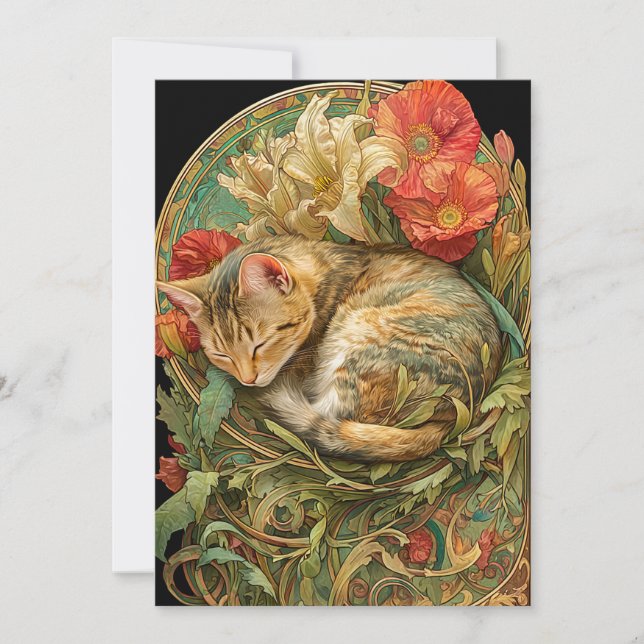 Tarjeta Festiva Gato de Art Nouveau (Anverso)
