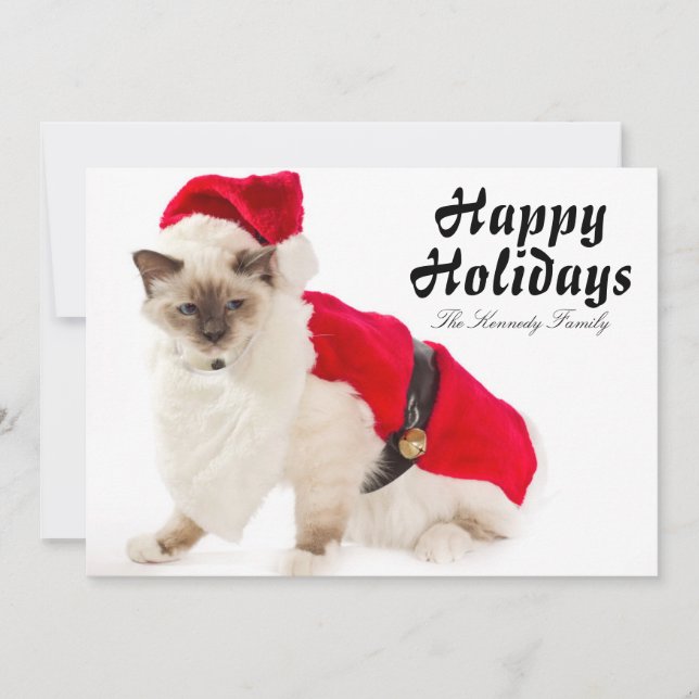 Tarjeta Festiva Gato de Birman en el juego de Santa (Anverso)