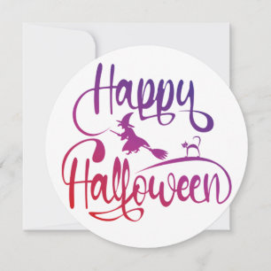 Tarjeta Festiva Gato de bruja voladora feliz gradiente de Hallowee