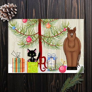 Tarjeta Festiva Gato de caballo marrón lindo granja divertida Navi