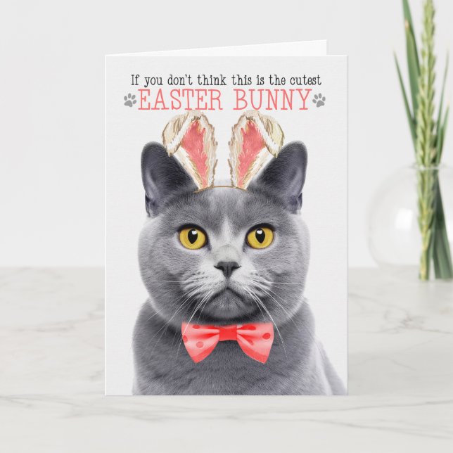 Tarjeta Festiva Gato de Chartreux en orejas de conejito por Pascua (Anverso)