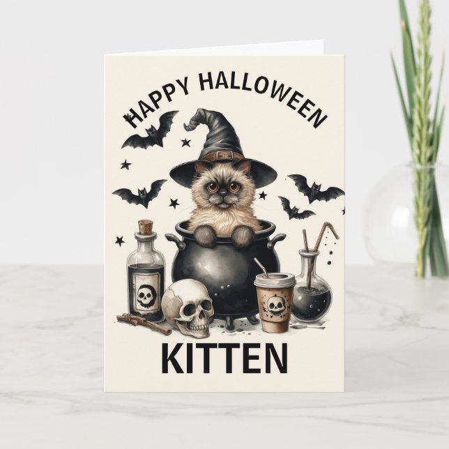 Tarjeta Festiva Gato de cosecha en un Halloween de Cauldron (Anverso)
