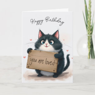Tarjeta Festiva Gato De Cumpleaños Con Rótulo De Madera