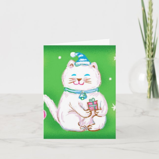 Tarjeta Festiva Gato de dibujos animados navideños con sombrero de (Anverso)