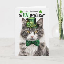 Tarjeta Festiva Gato de gato de Tabby blanco gris, encanto afortun