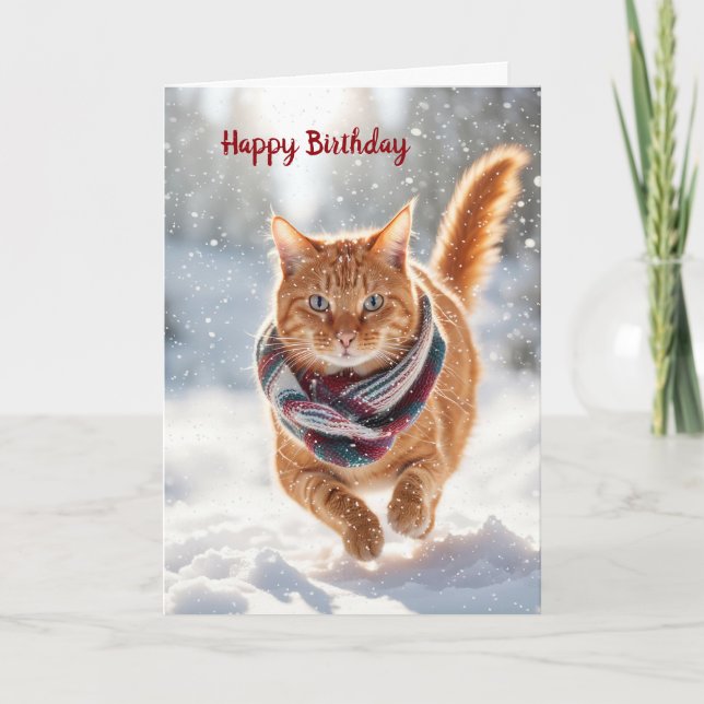 Tarjeta Festiva Gato De Ginger De Cumpleaños En Copos De Nieve (Anverso)