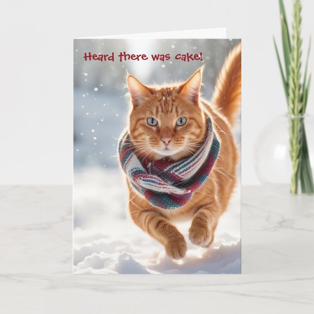 Tarjeta Festiva Gato De Ginger De Cumpleaños En Nieve (Anverso)