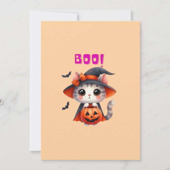 Tarjeta Festiva Gato de Halloween Adorable con Calabaza y Sombrero (Anverso)