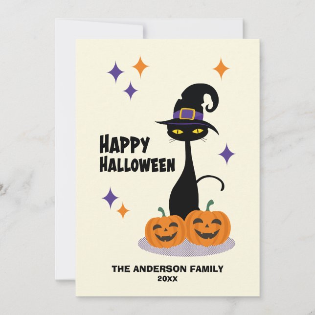 Tarjeta Festiva Gato de Halloween Atómico de Mitad de Siglo (Anverso)