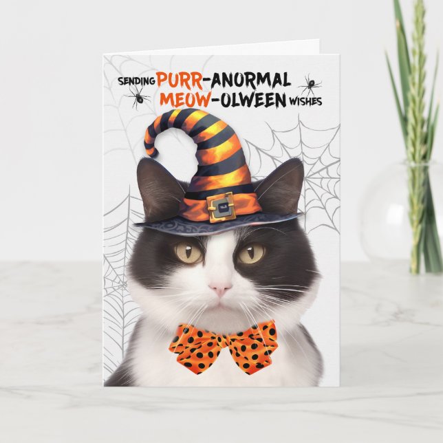 Tarjeta Festiva Gato de Halloween blanco negro PURRolween anormal (Anverso)