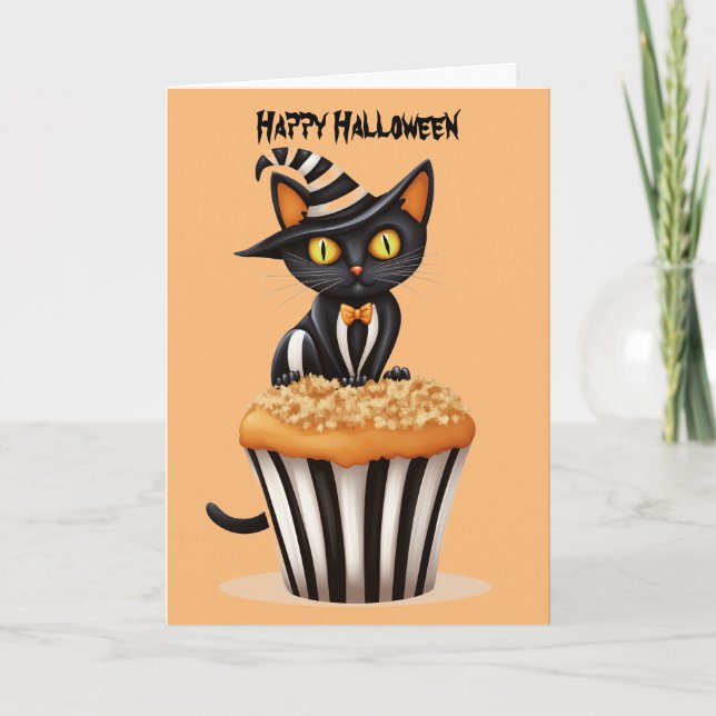 Tarjeta Festiva gato de Halloween con un muffin (Anverso)