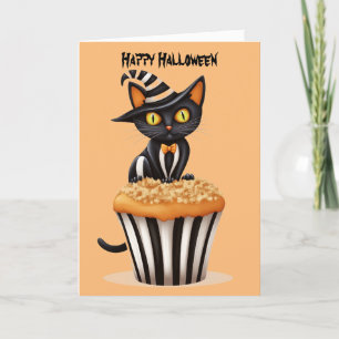 Tarjeta Festiva gato de Halloween con un muffin