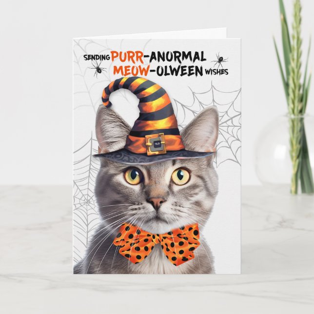 Tarjeta Festiva Gato de Halloween de Tabby Plateado PURRolween ano (Anverso)